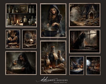Set di 10 stampe vintage di Halloween con streghe, decorazioni dark cottagecore e gotiche per Halloween (codice 251050).