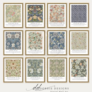 May include: A collection of twelve framed art prints featuring floral and botanical patterns in various colors. Each print includes a Bible verse at the bottom. The prints are displayed in gold frames.