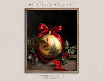 クリスマスオーナメント ウォールアート ゴールドのオーナメント 赤いリボンとヒイラギ付き ダークでムーディーなヴィンテージホリデープリント 印刷可能な装飾 251072-20V