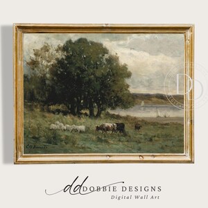 Impresión artística de paisaje pastoral vintage, pintura rústica de campo, descarga digital, arte de pared de granja, escena de pasto de ganado y ovejas 251002-4