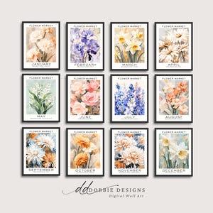 Lot de 12 fleurs pour le mois de naissance, oeuvre d'art murale florale neutre, cadeau pour le mois de naissance, impression du mois de naissance, impression du marché aux fleurs, impression de fleurs de naissance image 3