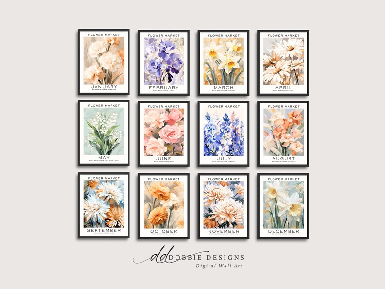Lot de 12 fleurs pour le mois de naissance, oeuvre d'art murale florale neutre, cadeau pour le mois de naissance, impression du mois de naissance, impression du marché aux fleurs, impression de fleurs de naissance image 3