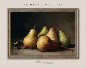 Vintage Pear Still Life Painting Rustic Fruit Wall Art Kitchen Dining Room Decor Farmhouse-Printable Digital Download 251088