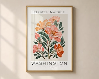 Washington State Flower Print, Washington Flower Market Print, Rhododendron Art Print, Floral Art Print, Neutral Botanical, Digital Download