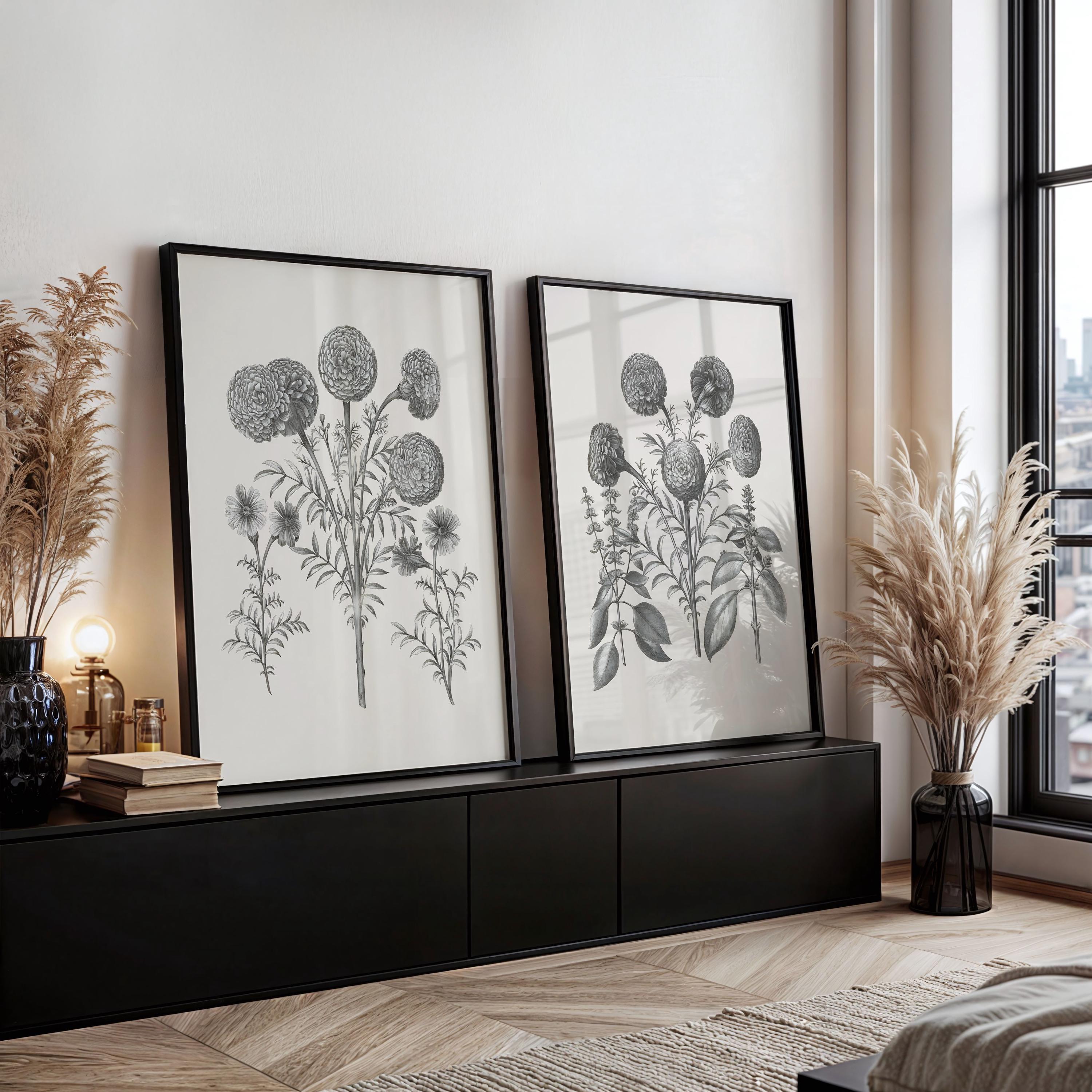 Set of 12 Botanical Prints Vintage Wall Art Gallery Black and White ...