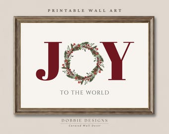 Joy to the World ウォールアート 赤いクリスマス タイポグラフィ プリント リース付き キリスト教ホリデーデコレーション クリスマス賛美歌アート 印刷可能 251109-10