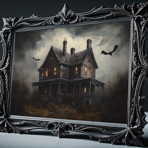 May include: A framed painting of a dark, ominous house with glowing windows. The house is set against a stormy sky with bats flying overhead.