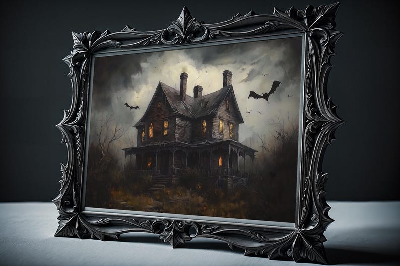 May include: A framed painting of a dark, ominous house with glowing windows. The house is set against a stormy sky with bats flying overhead.