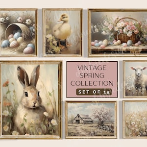 May include: A set of 15 vintage spring-themed framed art prints. The artwork features pastel illustrations of Easter eggs, a duckling, a bunny, a lamb, flowers, and a barn. The frames are gold-coloured.