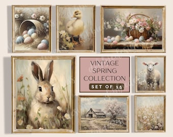 Vintage Spring and Easter Wall Art Set of 15 Prints, Vintage Spring Decor, Spring Wall Set, Seasonal Decor, Easter Bundle, Gallery Wall Set