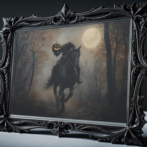 May include: A black horse gallops through a dark forest with a rider holding a jack-o'-lantern. The moon shines brightly in the night sky.
