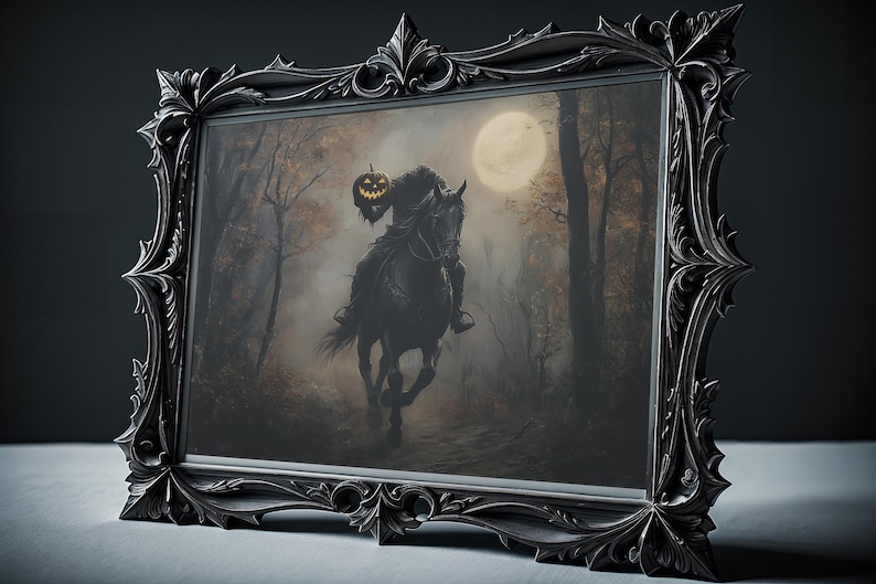 May include: A black horse gallops through a dark forest with a rider holding a jack-o'-lantern. The moon shines brightly in the night sky.