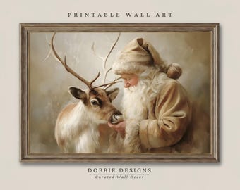 Vintage Santa Feeding Reindeer Wall Art for Traditional Christmas Decor Old World Holiday Nostalgic Santa Claus Farmhouse-Printable 251099-1
