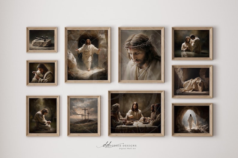 May include: A collection of nine framed art prints with religious themes. The prints feature images of Jesus, including portraits, scenes from the Bible, and depictions of his life. The frames are a light brown color.