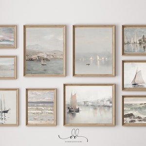 Neutral Coastal Gallery Wall Art Set of 10 Digital Prints, Vintage Seaside Print, Sailboat Painting, Nautical Wall Art, Coastal Art, 241008