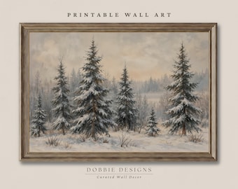 Snowy Pine Forest Wall Art Vintage Winter Landscape Painting for Rustic Home Decor Farmhouse Holiday Art Decoration 260155