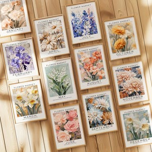 Lot de 12 fleurs pour le mois de naissance, oeuvre d'art murale florale neutre, cadeau pour le mois de naissance, impression du mois de naissance, impression du marché aux fleurs, impression de fleurs de naissance image 2