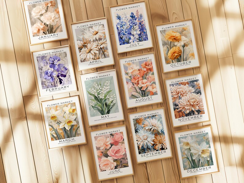 Lot de 12 fleurs pour le mois de naissance, oeuvre d'art murale florale neutre, cadeau pour le mois de naissance, impression du mois de naissance, impression du marché aux fleurs, impression de fleurs de naissance image 2