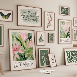 Eclectic Gallery Wall Set of 14, Maximalist Wall Decor, Green and Pink Wall Prints Bundle, Pink Abstract Floral Painting, Matisse Print Set