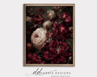 Dark Academia Peony Wall Art, Gothic Floral Poster, Vintage