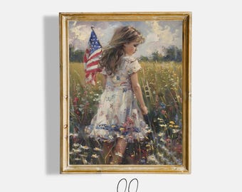 Arte de parede de 4 de julho, menina no prado com bandeira, decoração de parede patriótica, dia da independência, memorial day, vintage, americano, digital, download 241067-1