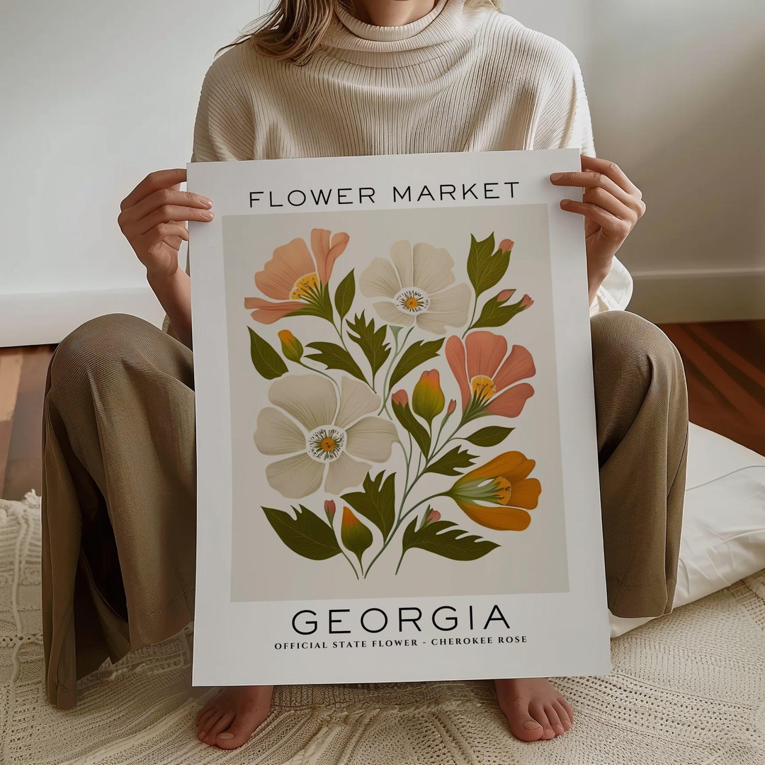Georgia State Flower Print, Georgia Flower Market Print, Cherokee Rose Print, Floral Art Print, Neutral Botanical Print, Digital Download