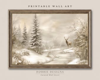 May include: A framed wall art print featuring a sepia-toned winter landscape with snow-covered pine trees, a frozen stream, and a standing deer. The text PRINTABLE WALL ART appears at the top, and DOBBIE DESIGNS Curated Wall Decor is at the bottom.