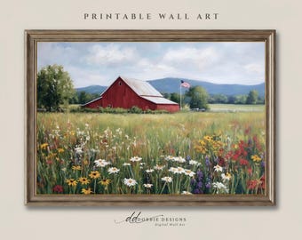 Red Barn Wildflower Field Wall Art Rustic Farm Landscape Painting American Country Summer Meadow Art Farmhouse Printable 251028-18