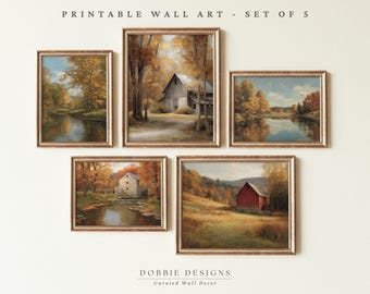 Vintage Autumn Landscape Printable Wall Art Set of 5 Fall Farmhouse Prints Antique Barn Oil Painting Fall Gallery Wall 260146A