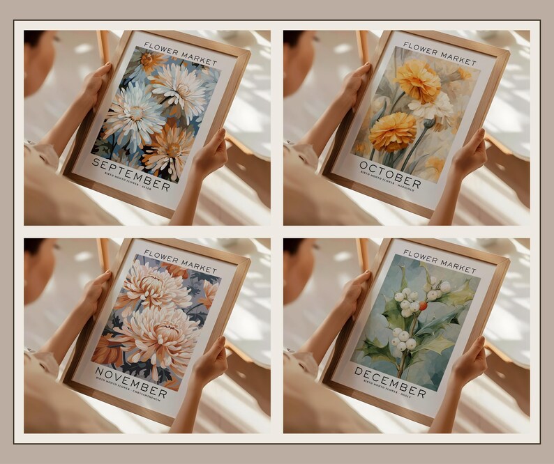 Lot de 12 fleurs pour le mois de naissance, oeuvre d'art murale florale neutre, cadeau pour le mois de naissance, impression du mois de naissance, impression du marché aux fleurs, impression de fleurs de naissance image 7