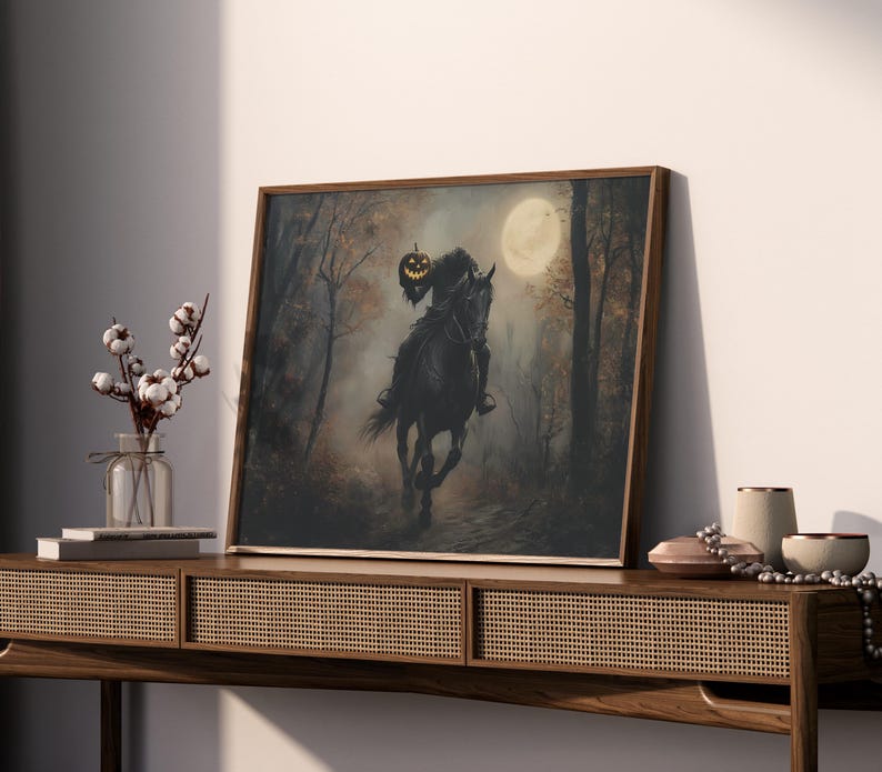 Headless Horseman Wall Art Sleepy Hollow Vintage Halloween Decor Dark Academia Moody Autumn Painting Pumpkin Head Poster 241077-10 image 8
