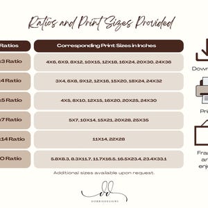 May include: A chart with a beige background and brown text lists different aspect ratios and their corresponding print sizes in inches. The chart is titled "Ratios and Print Sizes Provided".