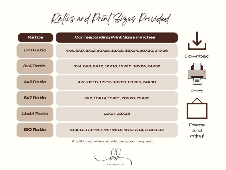 May include: A chart with a beige background and brown text lists different aspect ratios and their corresponding print sizes in inches. The chart is titled "Ratios and Print Sizes Provided".