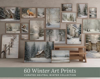 60 Neutral Winter Landscape Prints Snowy Forest Gallery Wall Wildlife Painting for Living Room Cozy Cottage Decor 260158