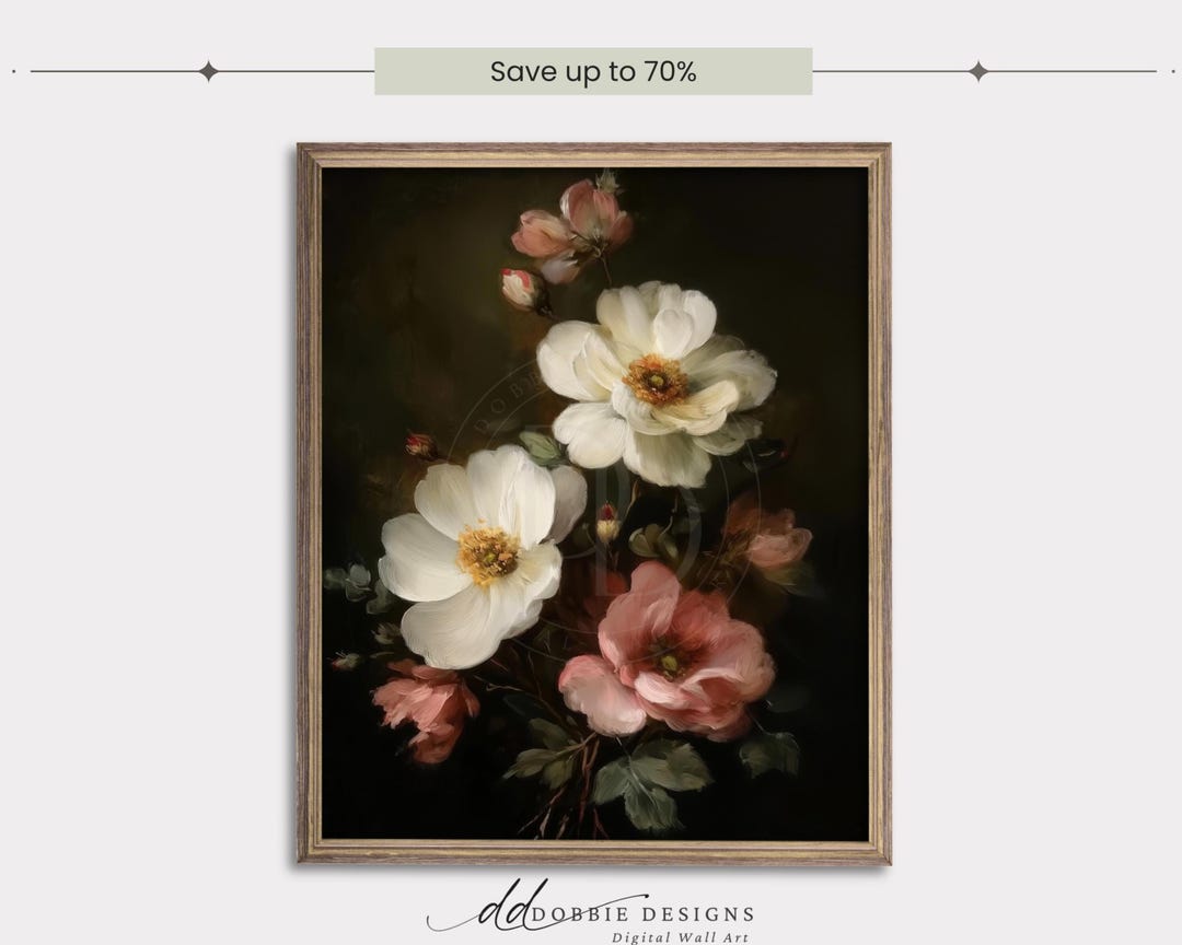 Moody Floral Oil Painting Print Vintage White and Pink Peonies Wall Art ...