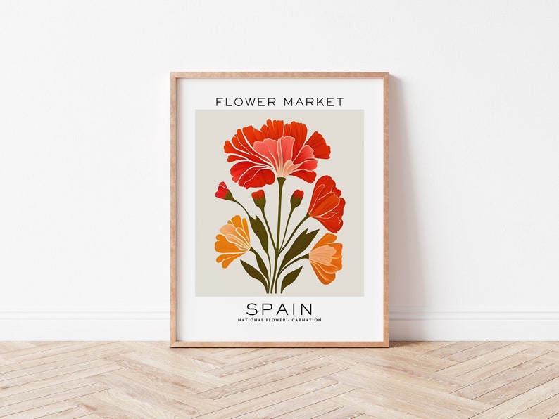 Spain Flower Market Print, Botanical Wall Art, Spain Flower Market Poster, Spain National Flower Print, Spain Travel Art, Carnation Print image 1