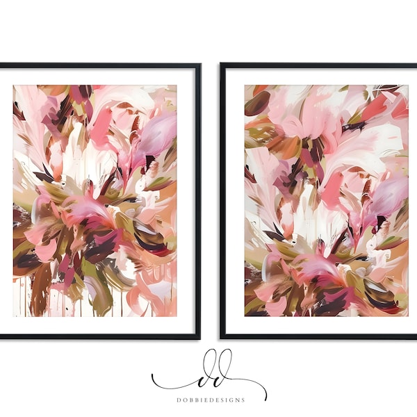 Abstract Floral Art Prints Modern Abstract Art Flower Wall Decor Set of 2 Prints Soft Pastel Pink and Green Modern Floral Painting 241058-2