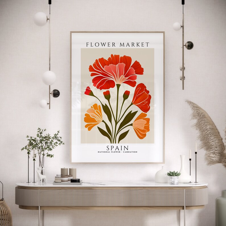Spain Flower Market Print, Botanical Wall Art, Spain Flower Market Poster, Spain National Flower Print, Spain Travel Art, Carnation Print image 3