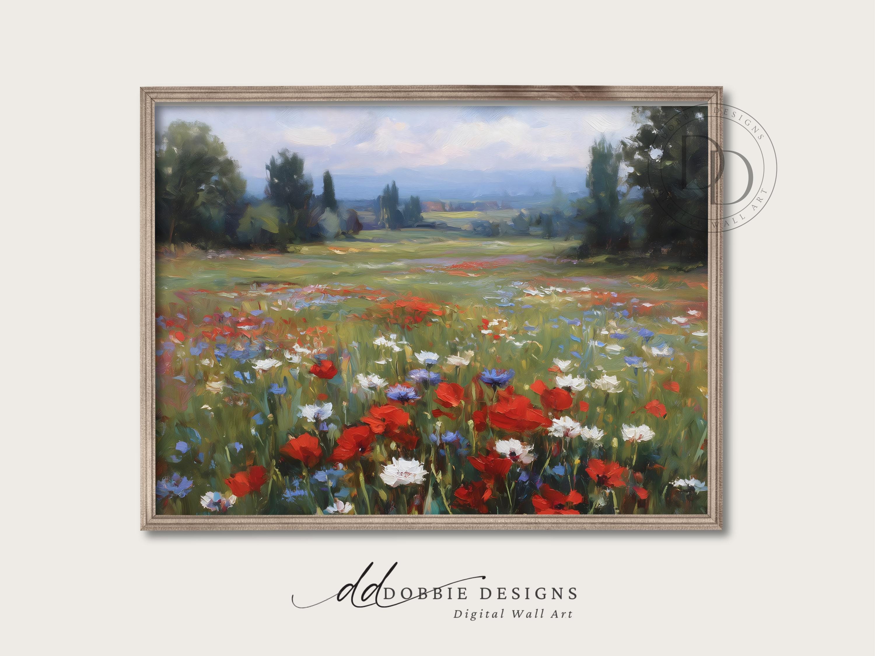 Arte de parede de 4 de julho, prado de flores silvestres, decoração patriótica de parede, impressão do Dia da Independência, Memorial Day, download digital americano vintage 251028-12