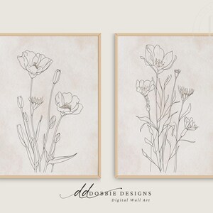 Minimalist Botanical Line Art Set of 2 Floral Sketch Print Modern ...