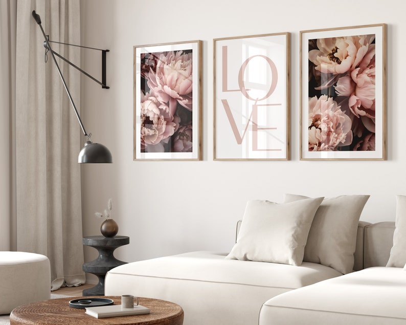 Romantic Love Floral Wall Art Set, Blush Pink Peony Prints, Modern Home ...