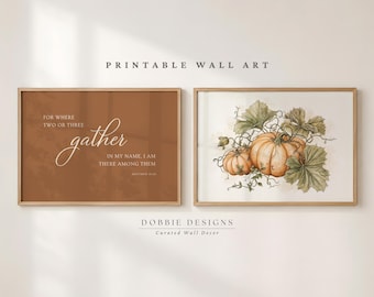 Christian Thanksgiving Wall Art Set of 2 Matthew 18:20 Scripture Print Vintage Pumpkin Botanical Fall Bible Verse Decor 260150C