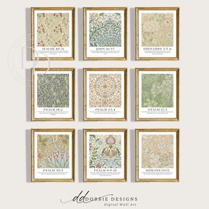 May include: Nine framed art prints with gold frames. Each print features a different floral pattern in various colors, with text from the Bible verses. The prints are arranged in a grid, with the text visible. The bottom of the image has the text "ddOBBIE DESIGNS Digital Wall Art".