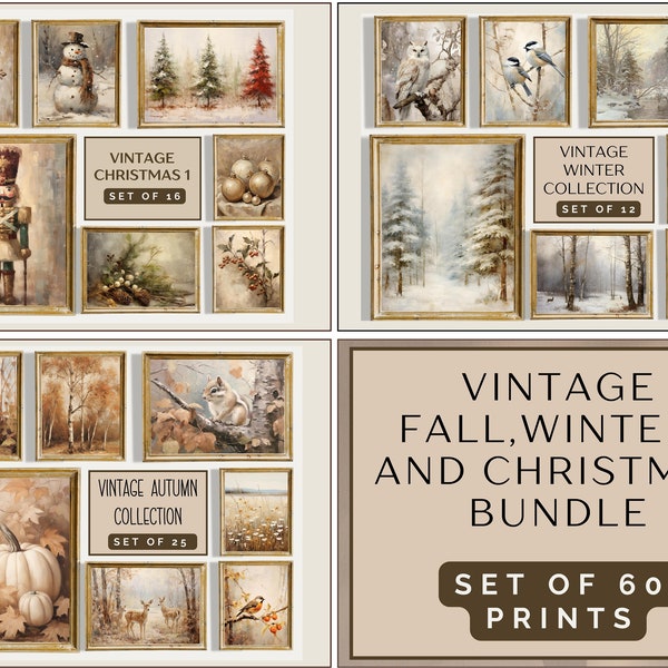 Winter Gallery Wall Set of 60, Winter Gallery Set, Vintage Winter Art Set, Vintage Christmas, Vintage Fall, Winter, and Christmas Bundle