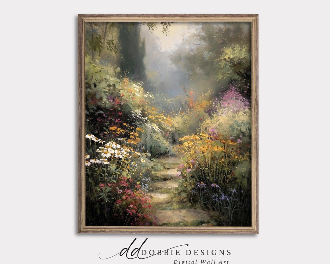 Wildflower Garden Path Wall Art Cottagecore Landscape Print Vintage ...