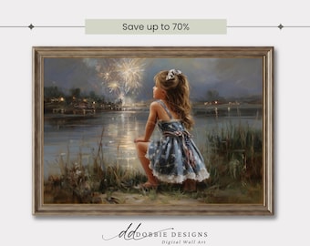 4th of July Wall Art Girl Watching Fireworks Patriotic Summer Art Vintage Americana Decor Independence Day Printable Nostalgic Art 251028-3