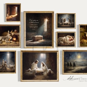May include: A set of framed religious art prints depicting scenes from the Nativity. The images include a donkey, a baby in a manger, the three wise men, and the holy family. The text "For unto us a child is born" is visible.