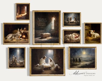 May include: A collection of framed religious art prints featuring scenes from the Nativity. The images include a donkey, a baby in a manger, the three wise men, and the holy family. The text "For unto us a child is born" is visible.