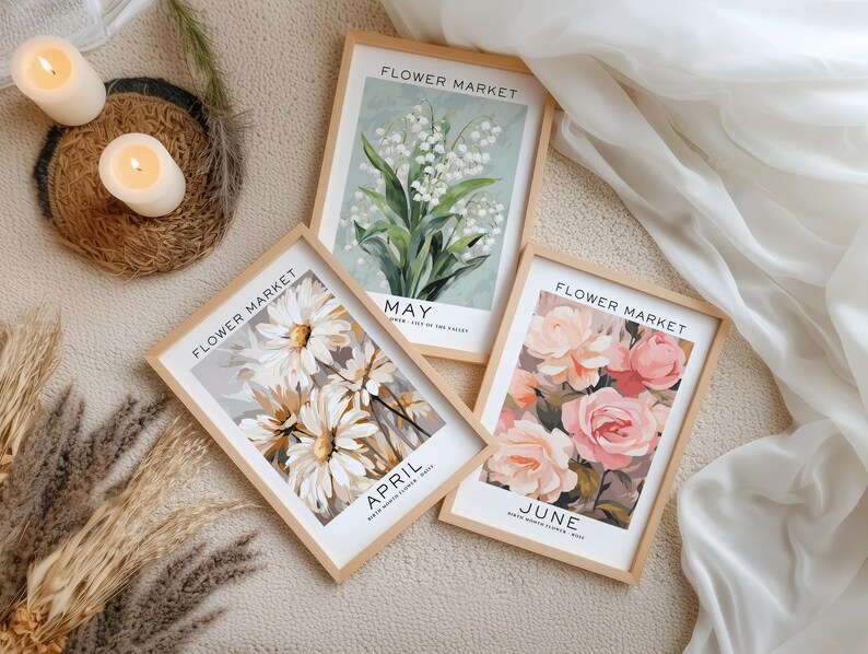 Lot de 12 fleurs pour le mois de naissance, oeuvre d'art murale florale neutre, cadeau pour le mois de naissance, impression du mois de naissance, impression du marché aux fleurs, impression de fleurs de naissance image 8