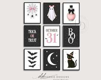 Pink Halloween Wall Art Set of 9 Cute Ghost Bat Black Cat Moon Prints Pastel Spooky Decor for Girls Room or Kids Halloween Gallery 251052